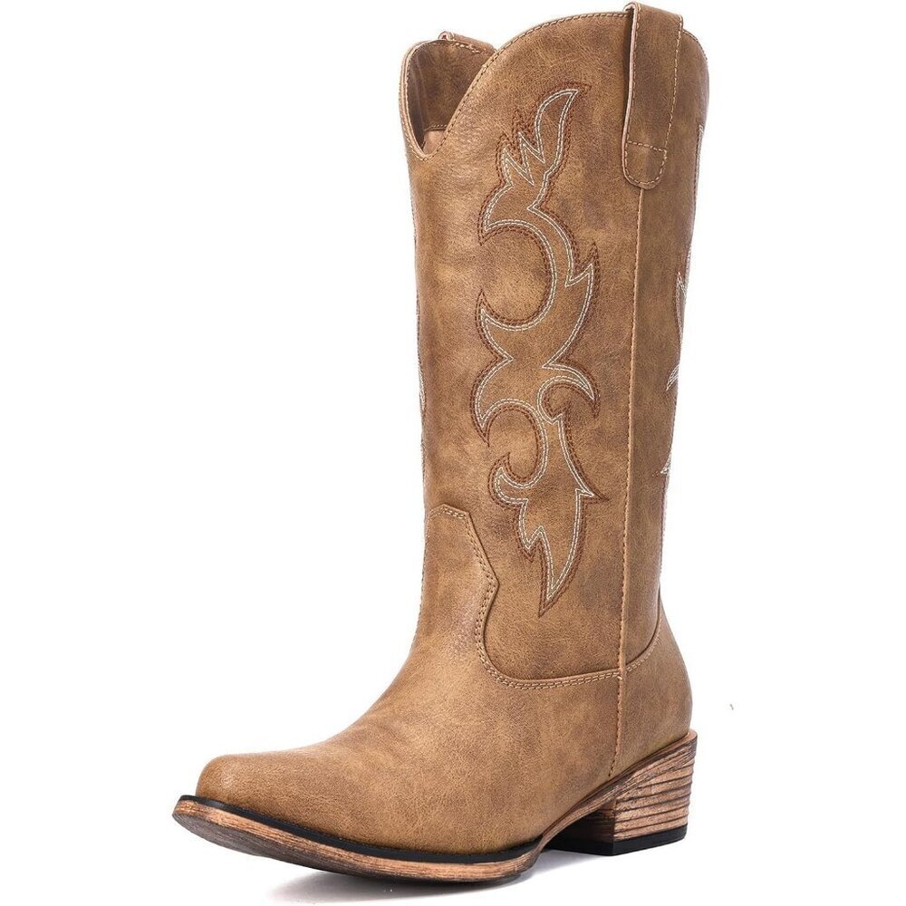 Women 's Camel Embroidered Cowgirl Fashion Chunky Heel Western Boots Mid Calf - Picture 4 of 5